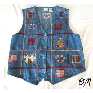 Bobbie Brooks 90s Vtg Denim Vest Patchwork Embroidered Farmcore Cottagecore -  L